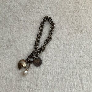 'Wish You' Charm Bracelet with Pearl Drop - Blackened Silver Tone